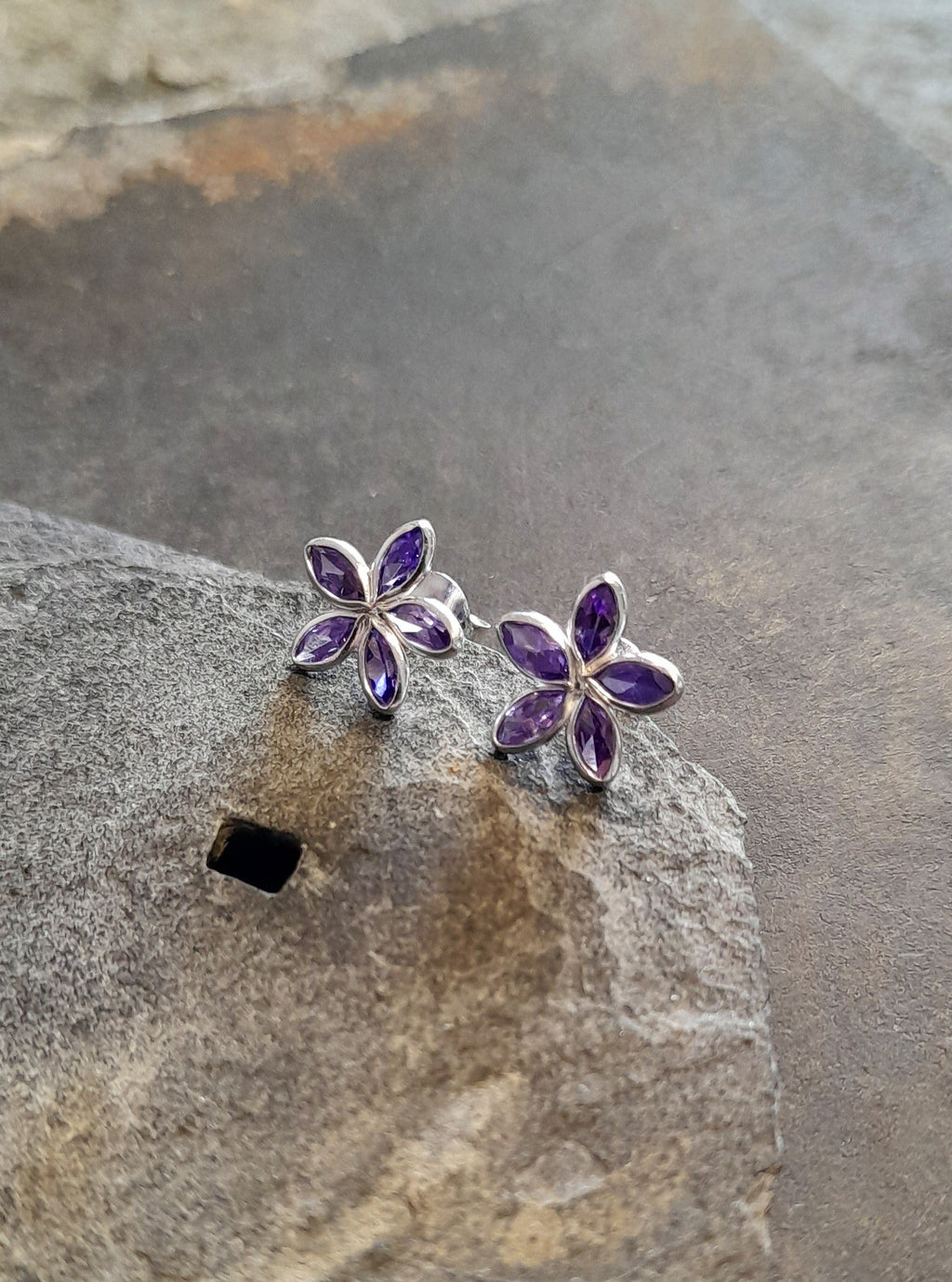 5 Petal Purple Cubic Zirconia Flower Stud 10mm