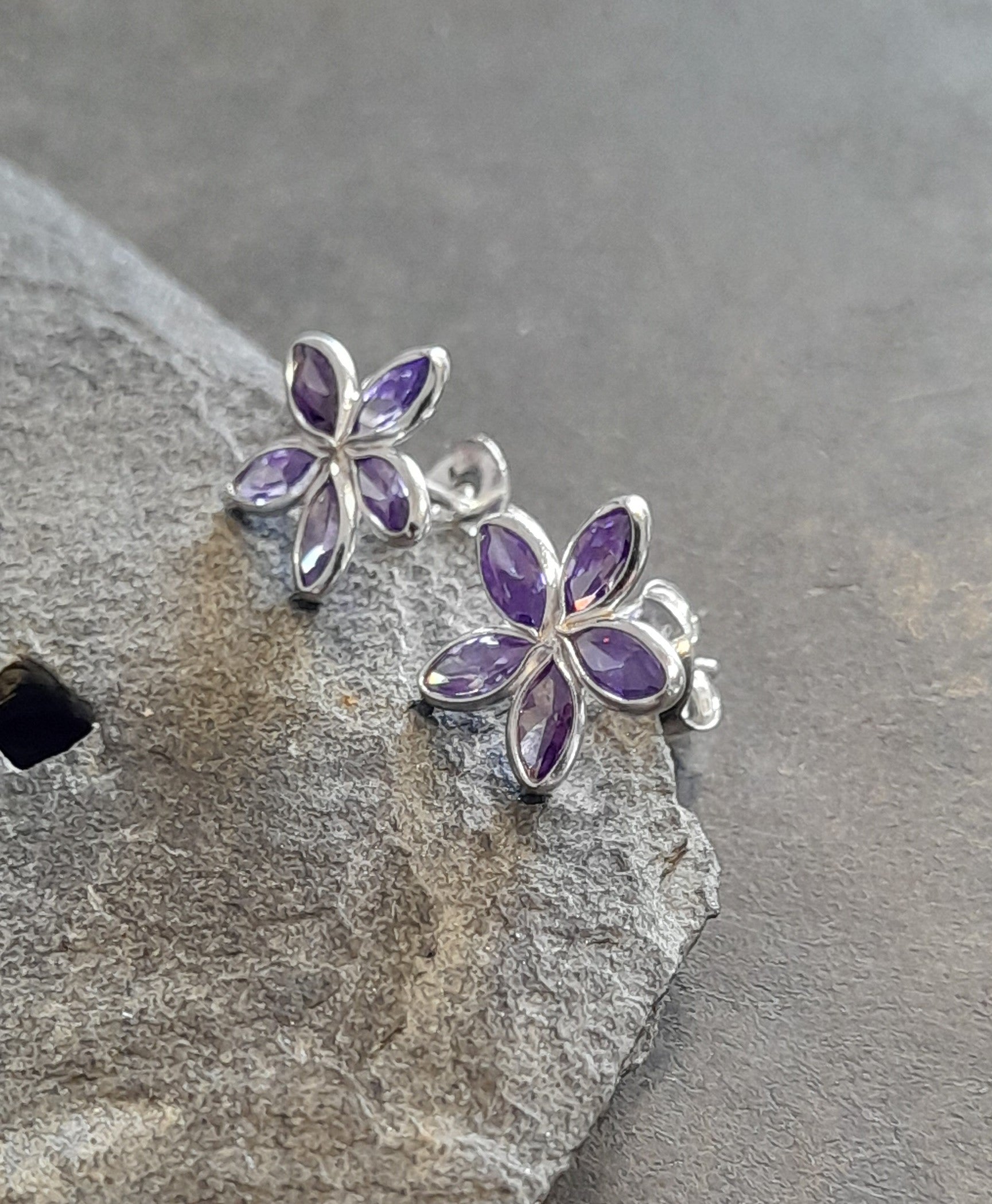 5 Petal Purple Cubic Zirconia Flower Stud 10mm