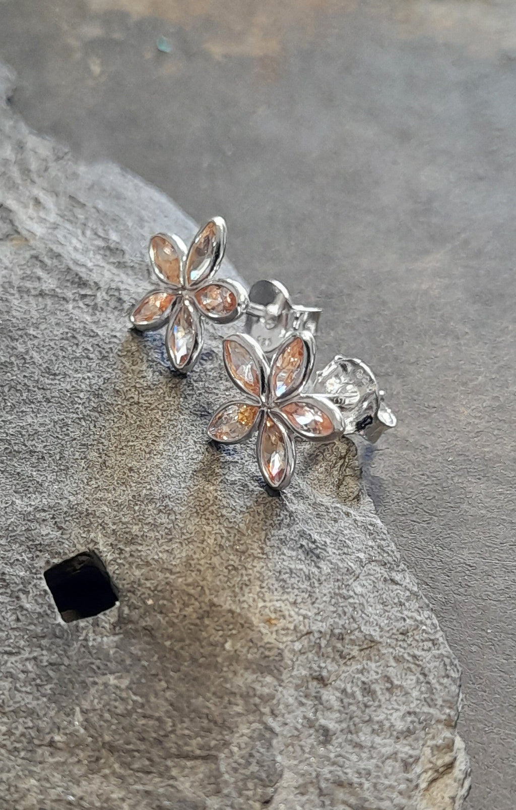 5 Petal Pink Cubic Zirconia Flower Stud 10mm