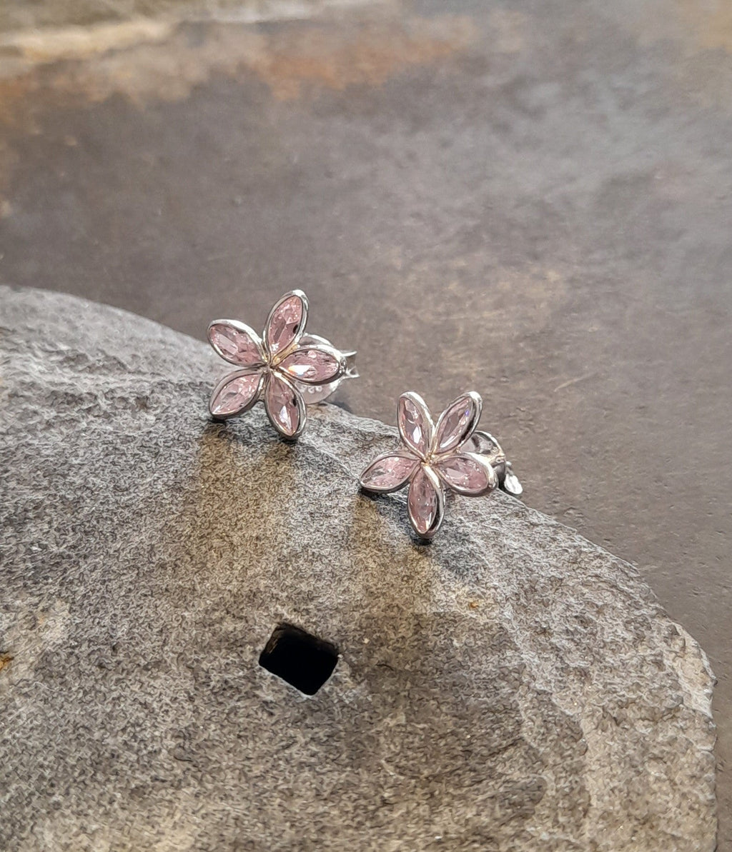 5 Petal Pink Cubic Zirconia Flower Stud 10mm