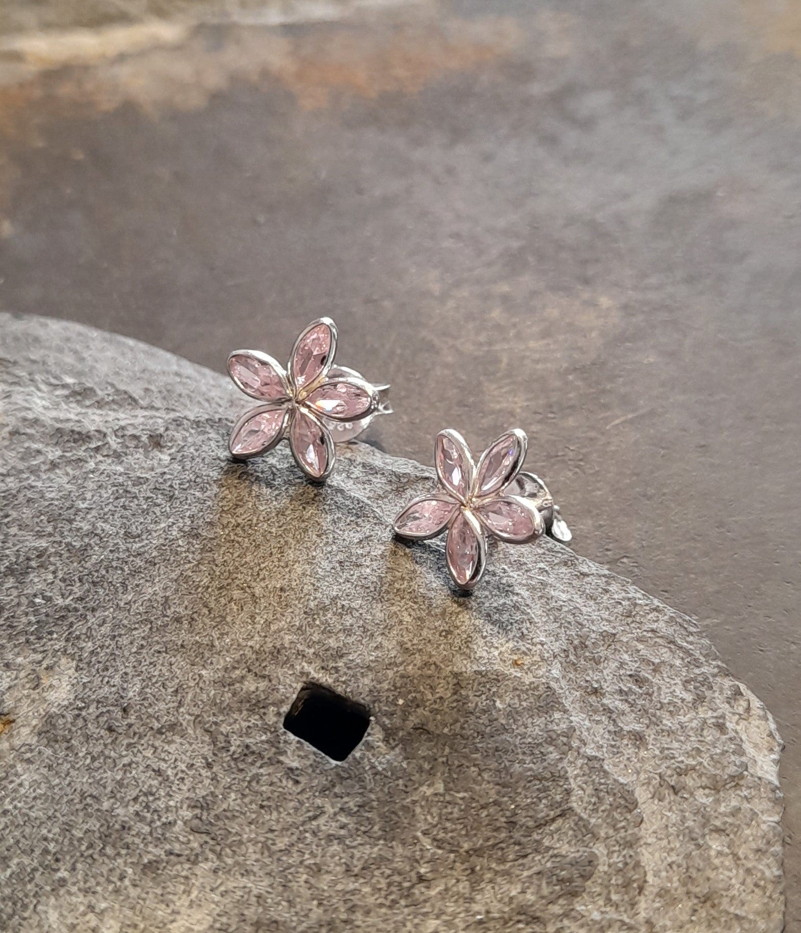 5 Petal Pink Cubic Zirconia Flower Stud 10mm