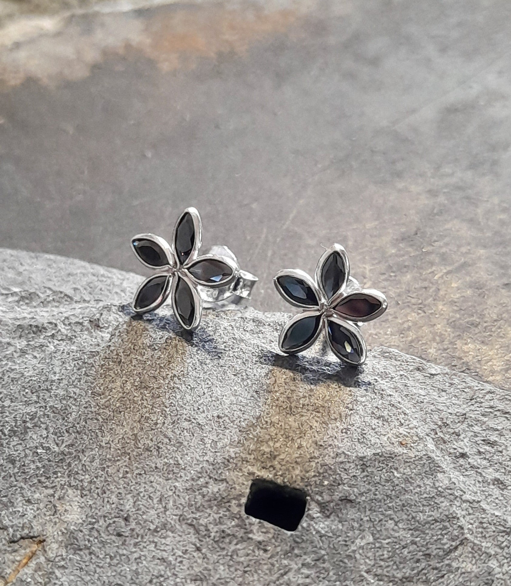 5 Petal Black Cubic Zirconia Flower Stud 10mm