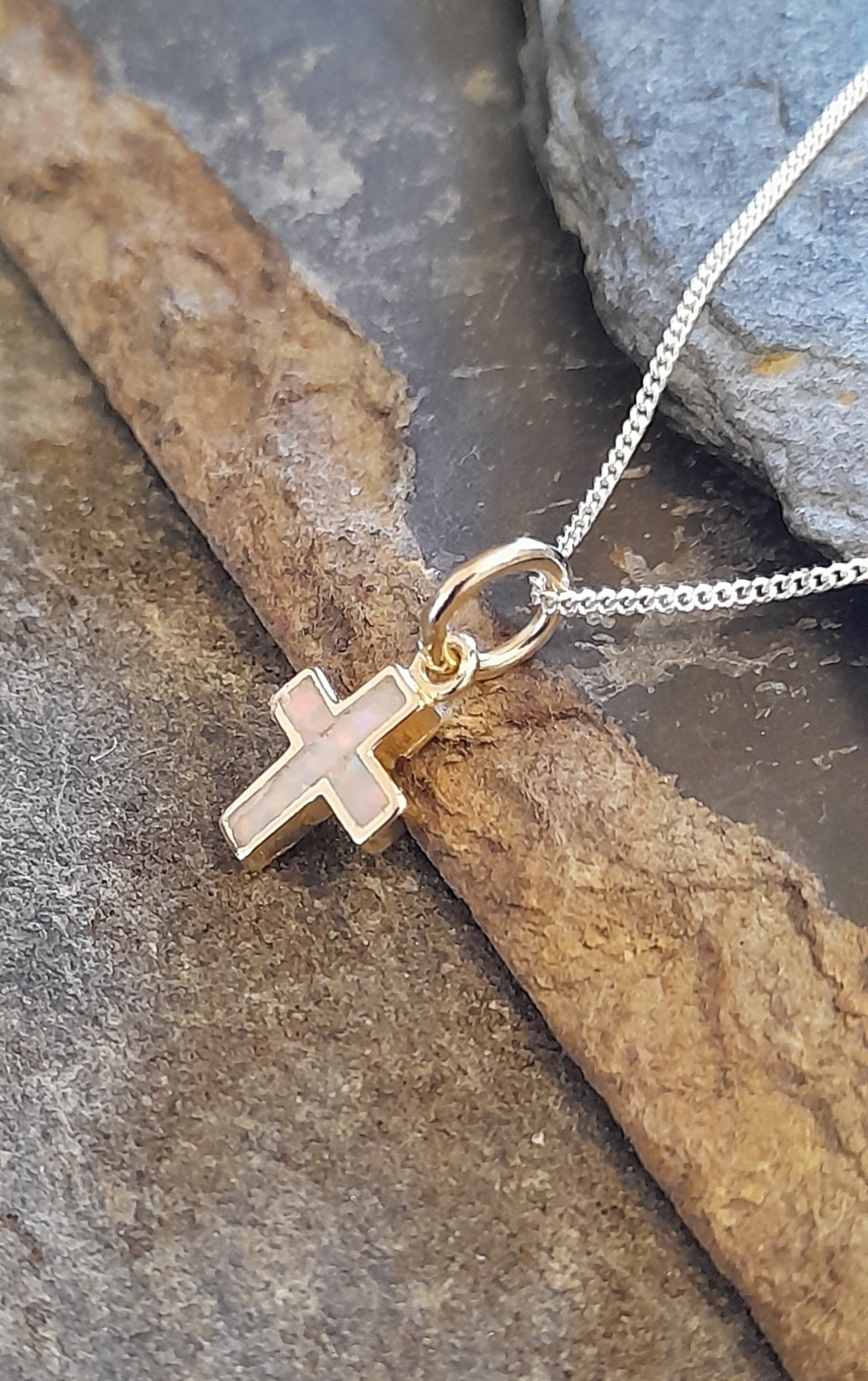 Small Cross Fire Snow Syn Opal Pendant 8X7