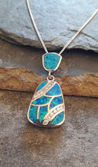 Mosaic,Blue Syn Opal & Cubic Zirconia Pendant 30X13mm