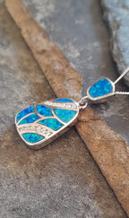 Mosaic,Blue Syn Opal & Cubic Zirconia Pendant 30X13mm