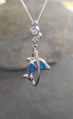 Dolphin, Blue Syn Opal Pendant 30X10mm