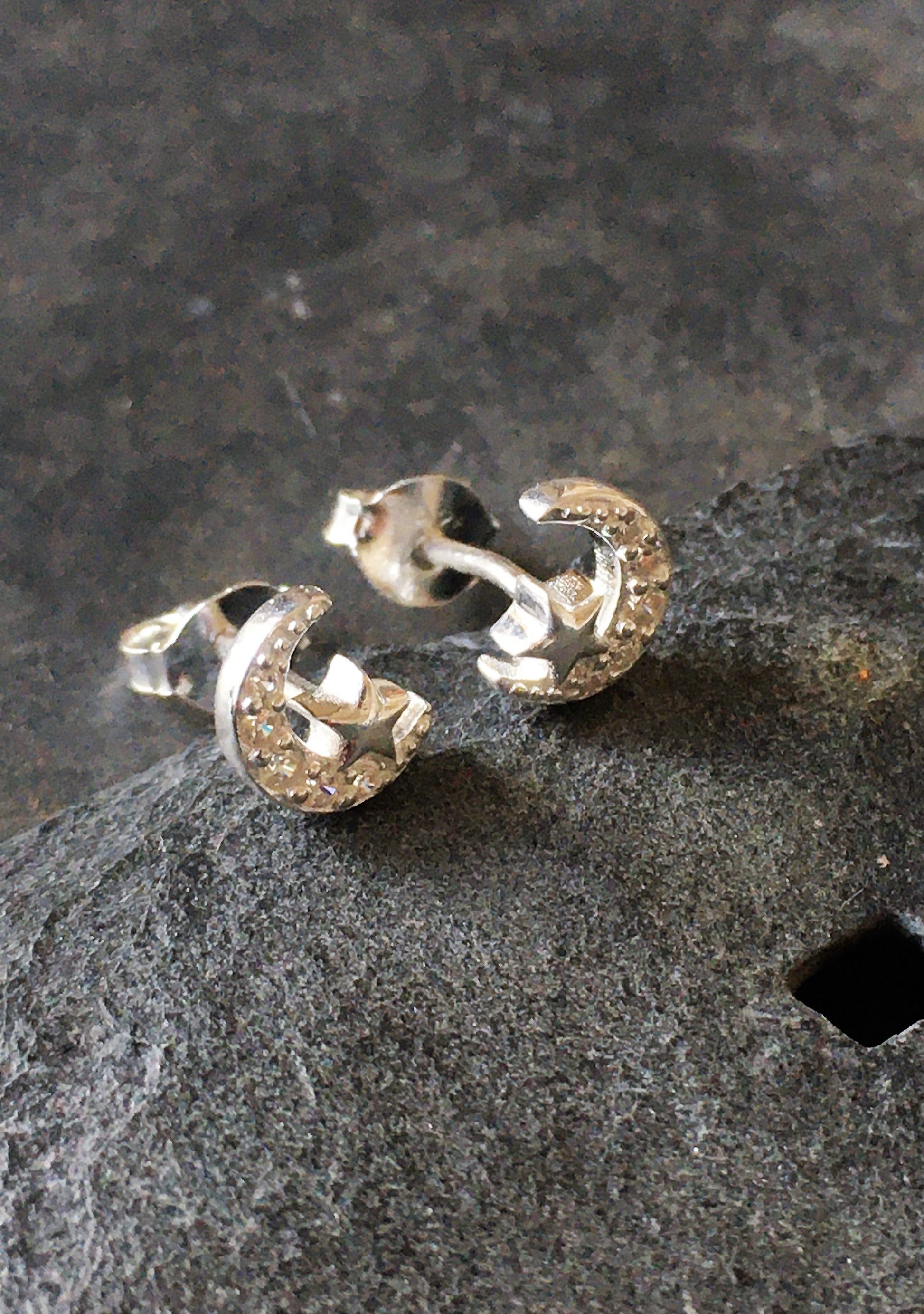 Cubic Zirconia Moon & Star Stud 7mm X 5mm