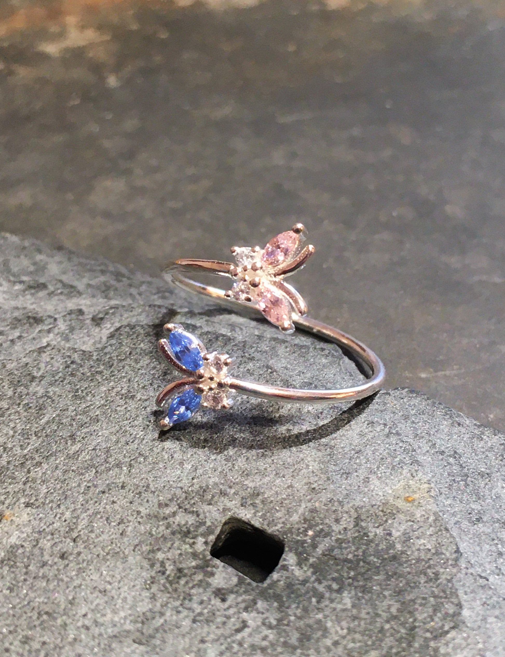 Pink & Blue Cubic Zirconia Butterfly Ring