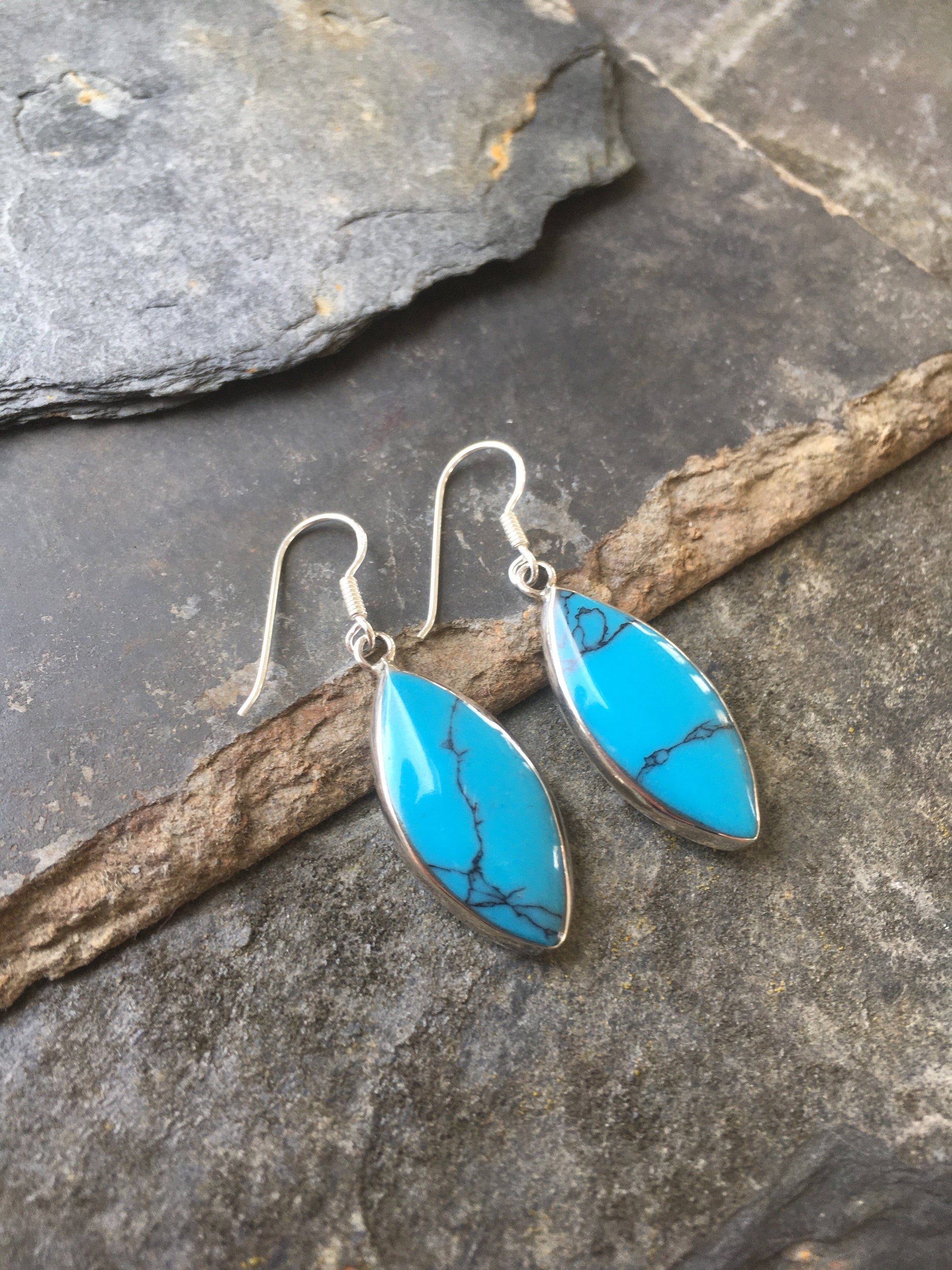 Blue/Mother of Pearl Shield 28mm X 13mm Earring