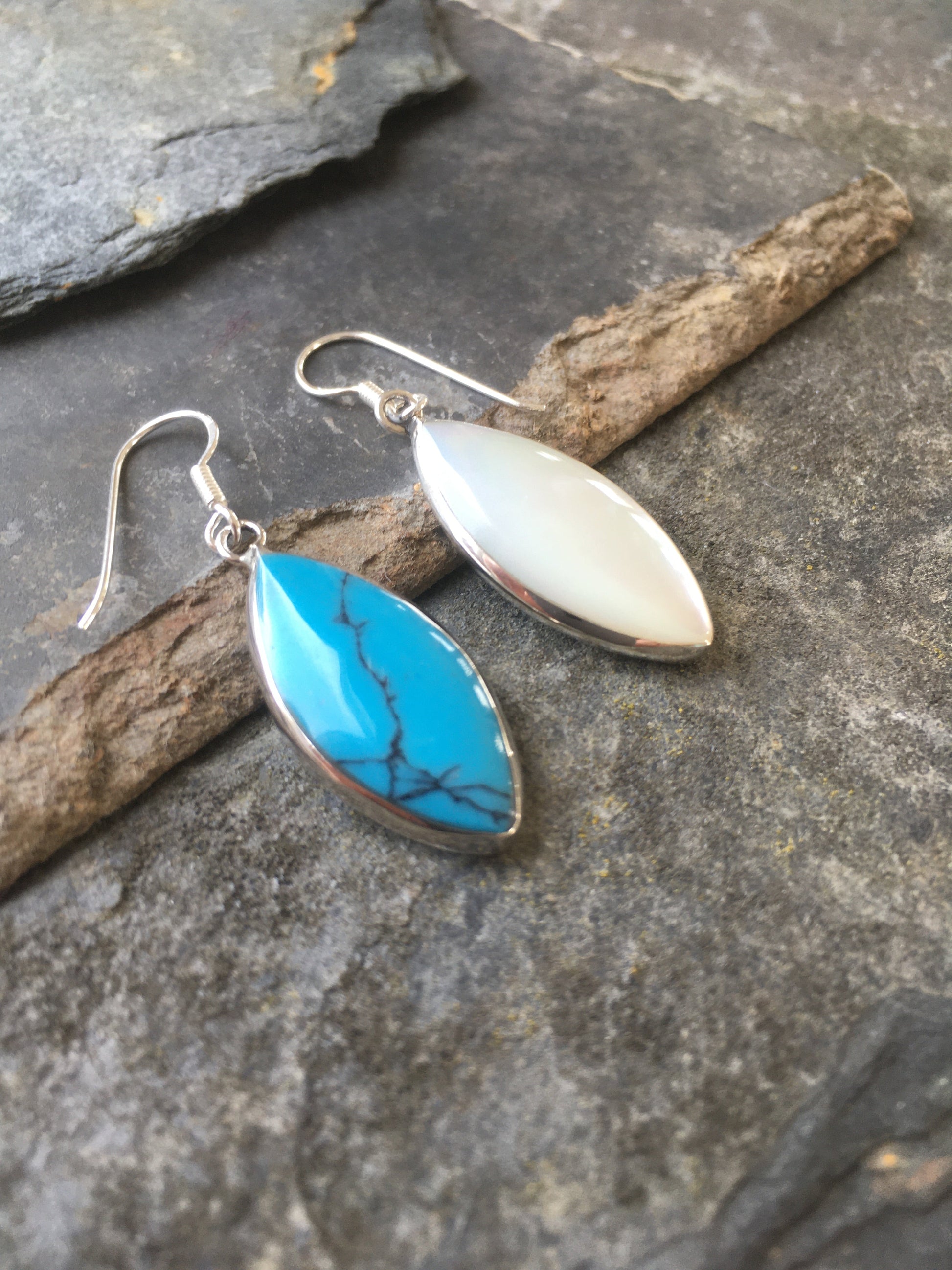 Blue/Mother of Pearl Shield 28mm X 13mm Earring