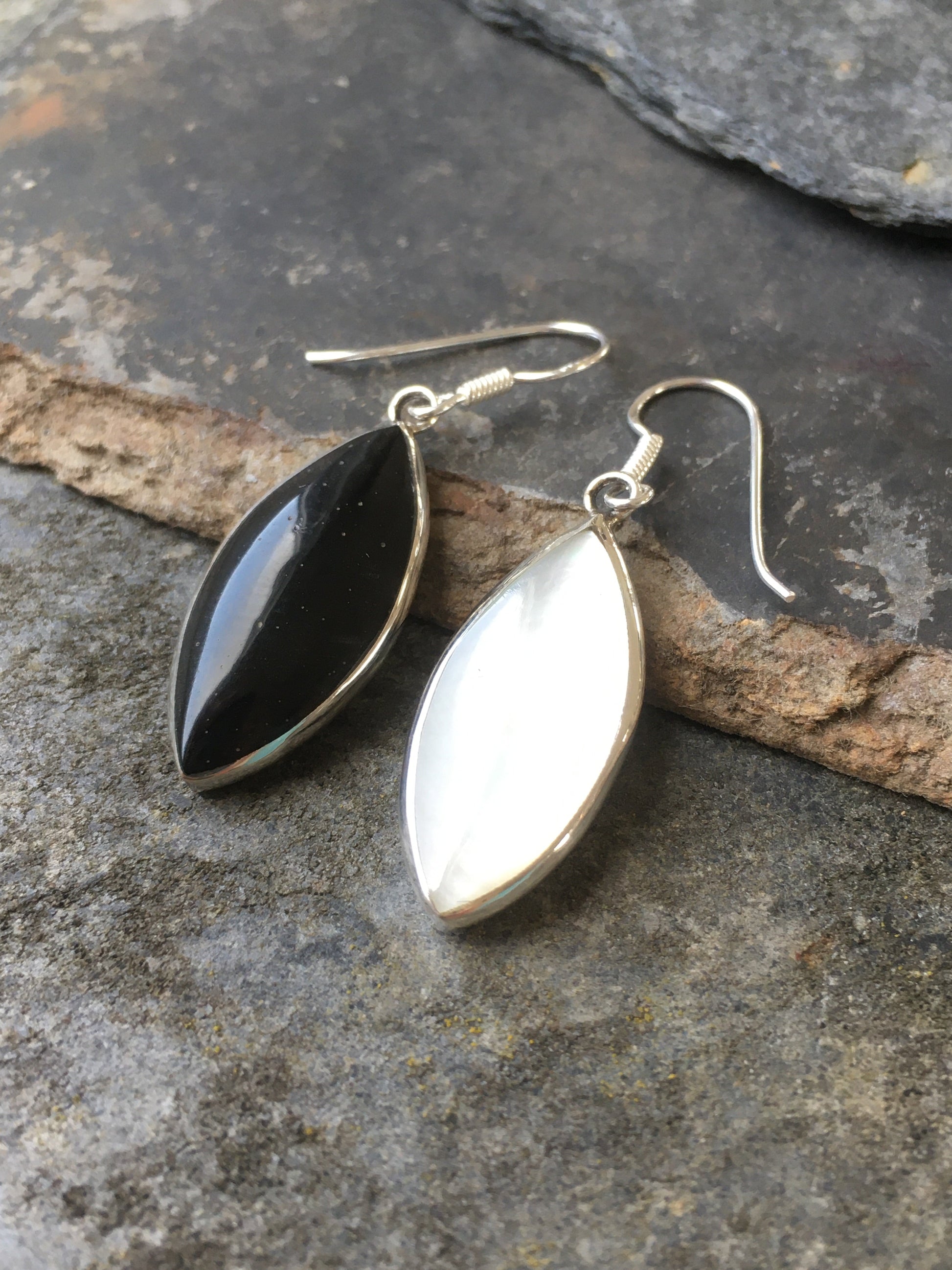 Black/Mother of Pearl Shield 28mm X 13mm Earring